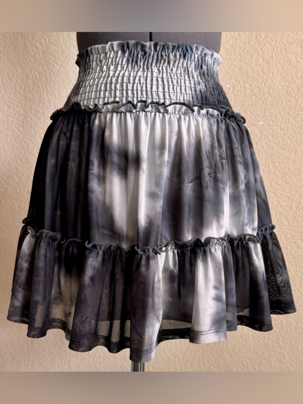 Altar’d State Mini Skirt Tiered Smocked S Tie Dye Grey White S